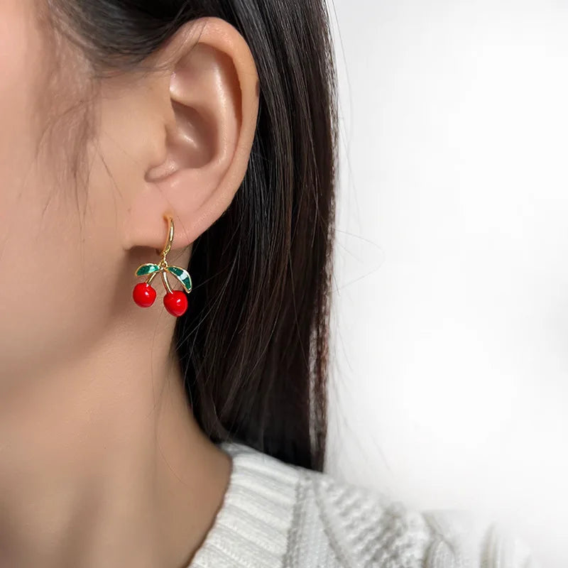 Sweet Red Cherry Enamel Alloy Dangle Stud & Clip On No Piercing Elegant Summer Fruit Earrings