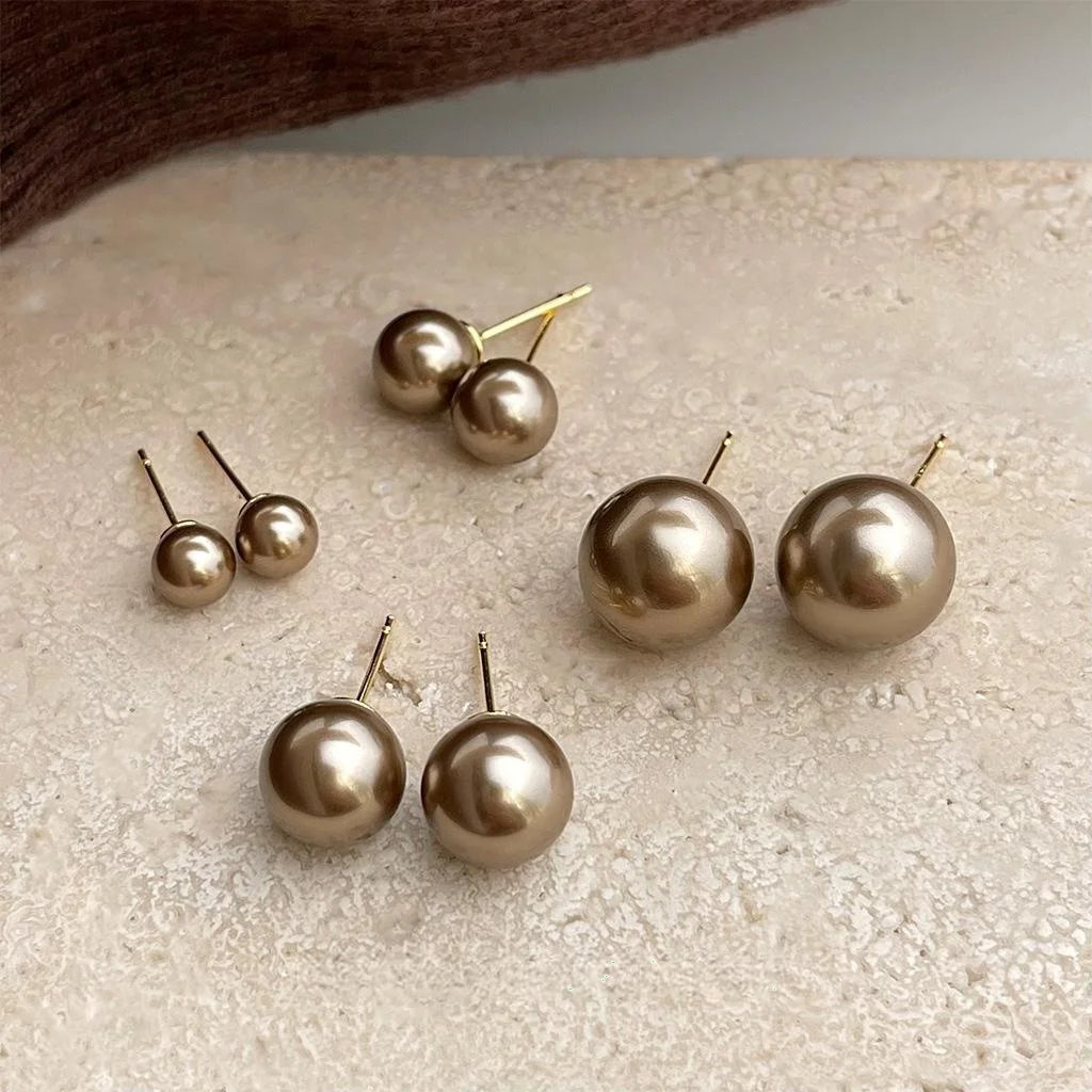 French Vintage Mocha Brown Glass Pearl Round Stud Earrings Minimalist Luxury Fashion Jewelry