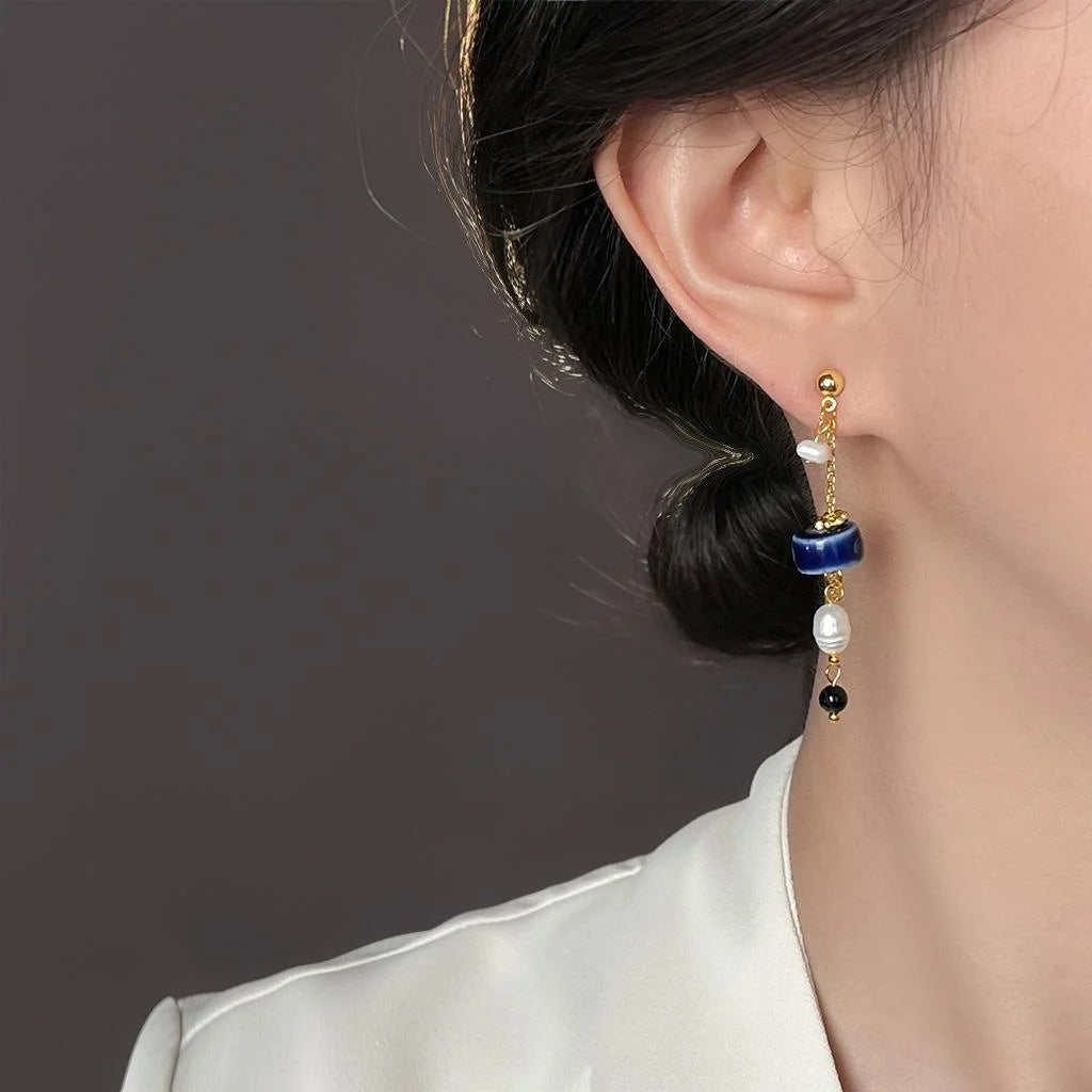 Handmade Freshwater Pearl Ceramic Drop Earrings Vintage Ethnic Geometric Tassel Jewelry