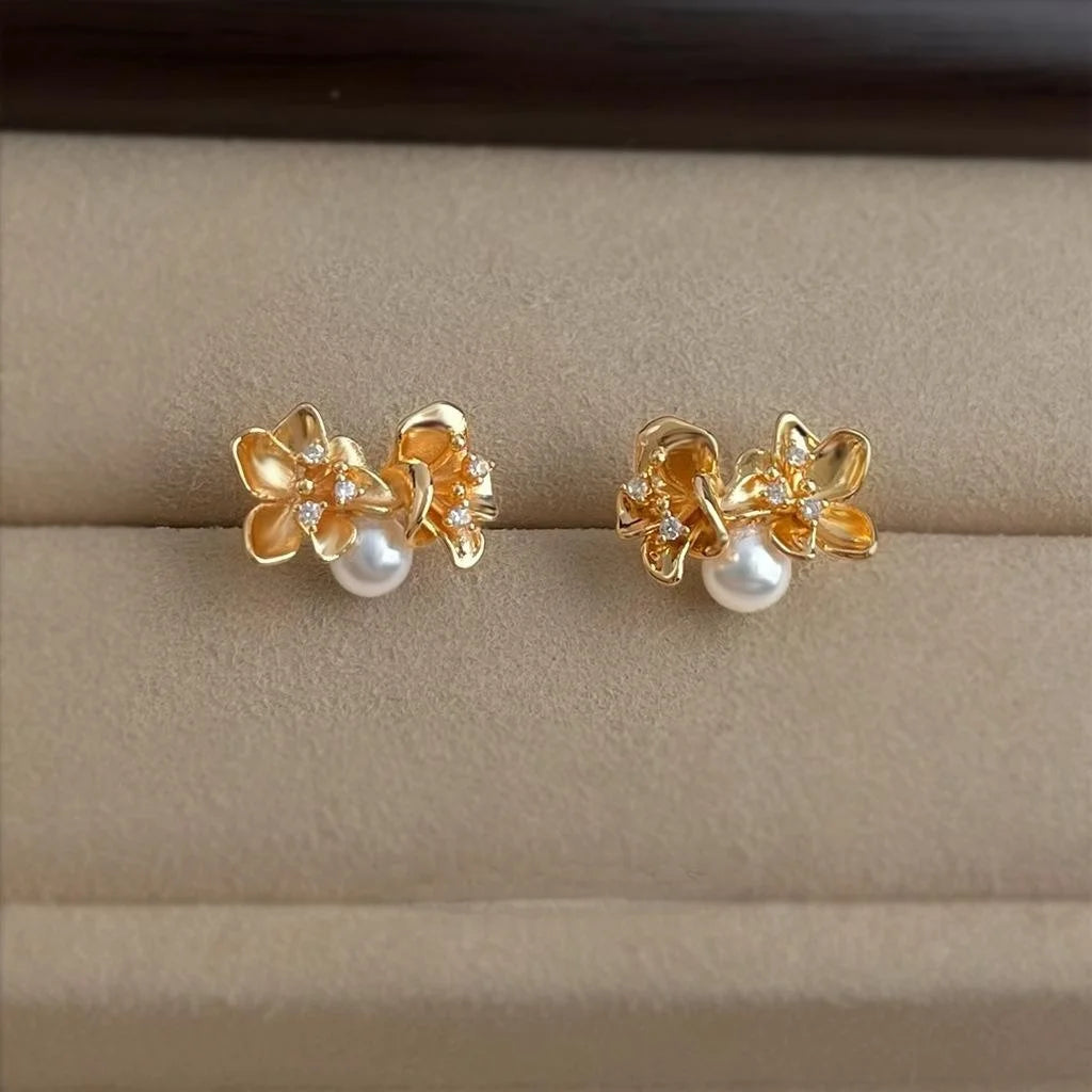 14K Plated Zircon Pearl Osmanthus Flower Stud Earrings Minimalist Luxury Floral Jewelry
