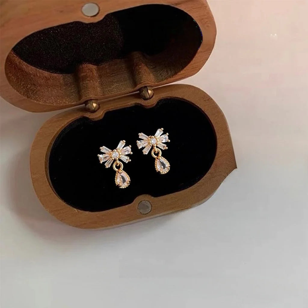14K Gold Plated Copper Micro Pave Zircon Bowknot Water Drop Stud Earrings For Women