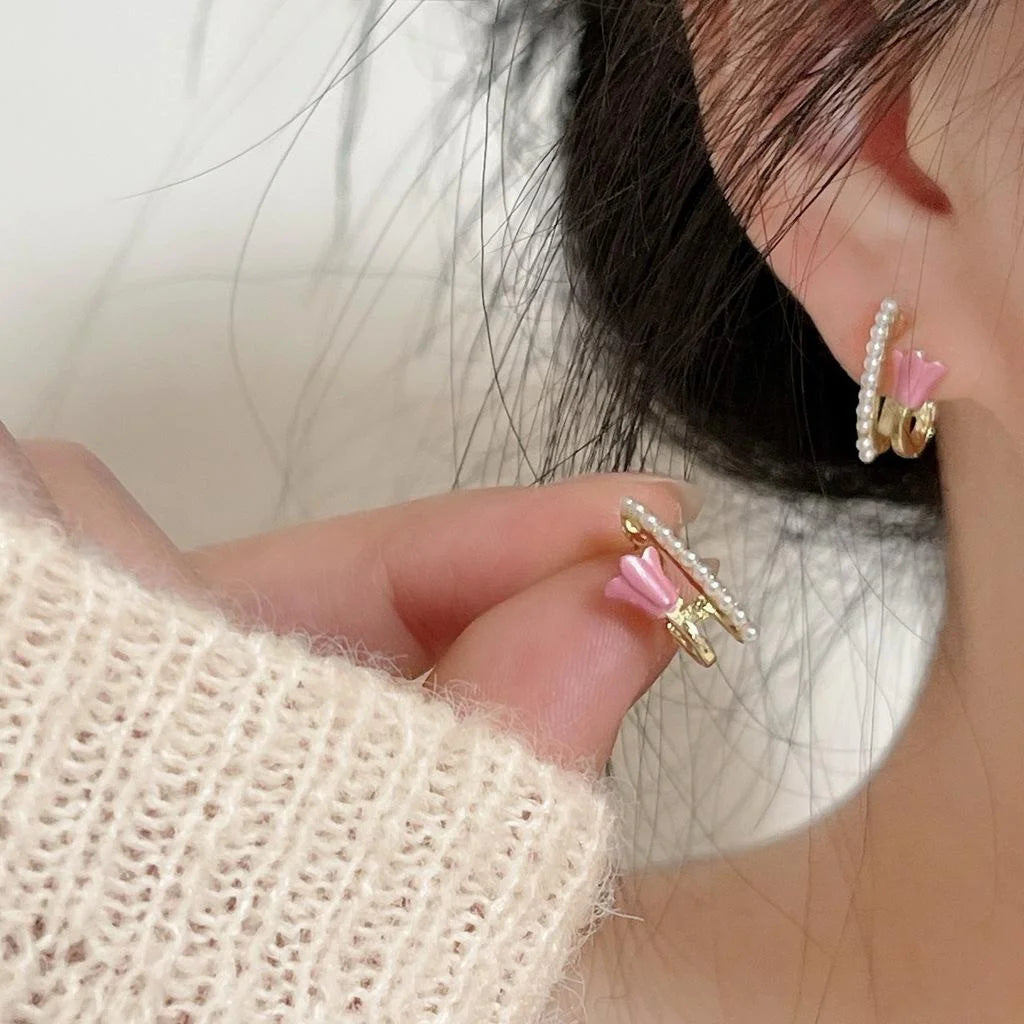 Forest Style Alloy Pink Enamel 3D Tulip Pearl Double Layer Stud Earrings