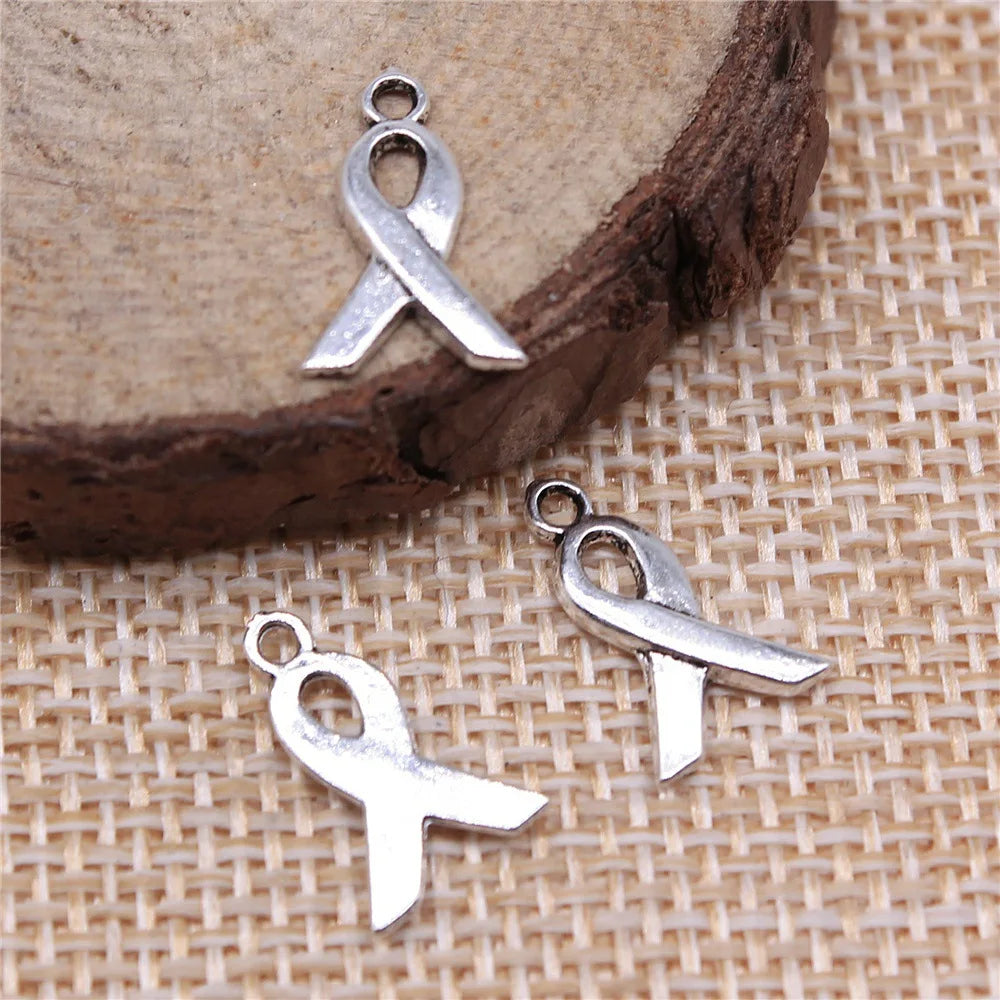 14x9mm 0.4g Antique Silver Zinc Alloy Small Ribbon Charm Pendant for Awareness Jewelry Making