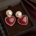 Vintage Burgundy Heart Drop Earrings Eco-Friendly Copper Oversized Retro Hong Kong Style Jewelry
