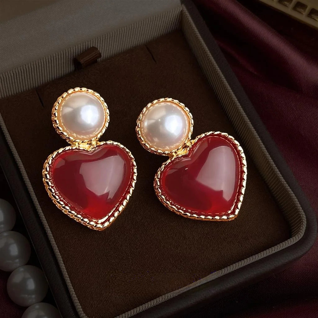 Vintage Burgundy Heart Drop Earrings Eco-Friendly Copper Oversized Retro Hong Kong Style Jewelry