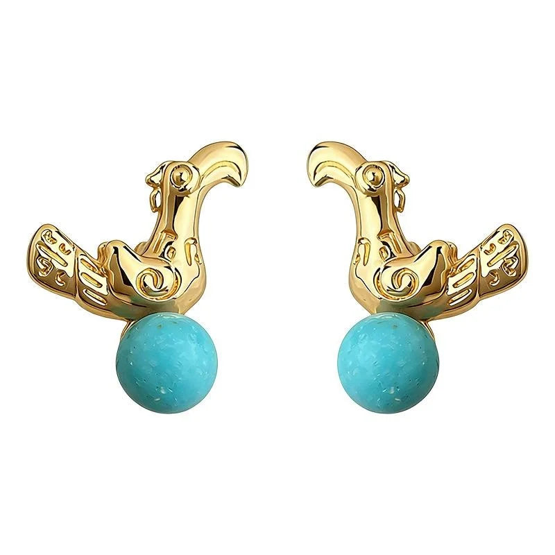 Vintage Bird Geometric Copper Synthetic Turquoise Stud Earrings