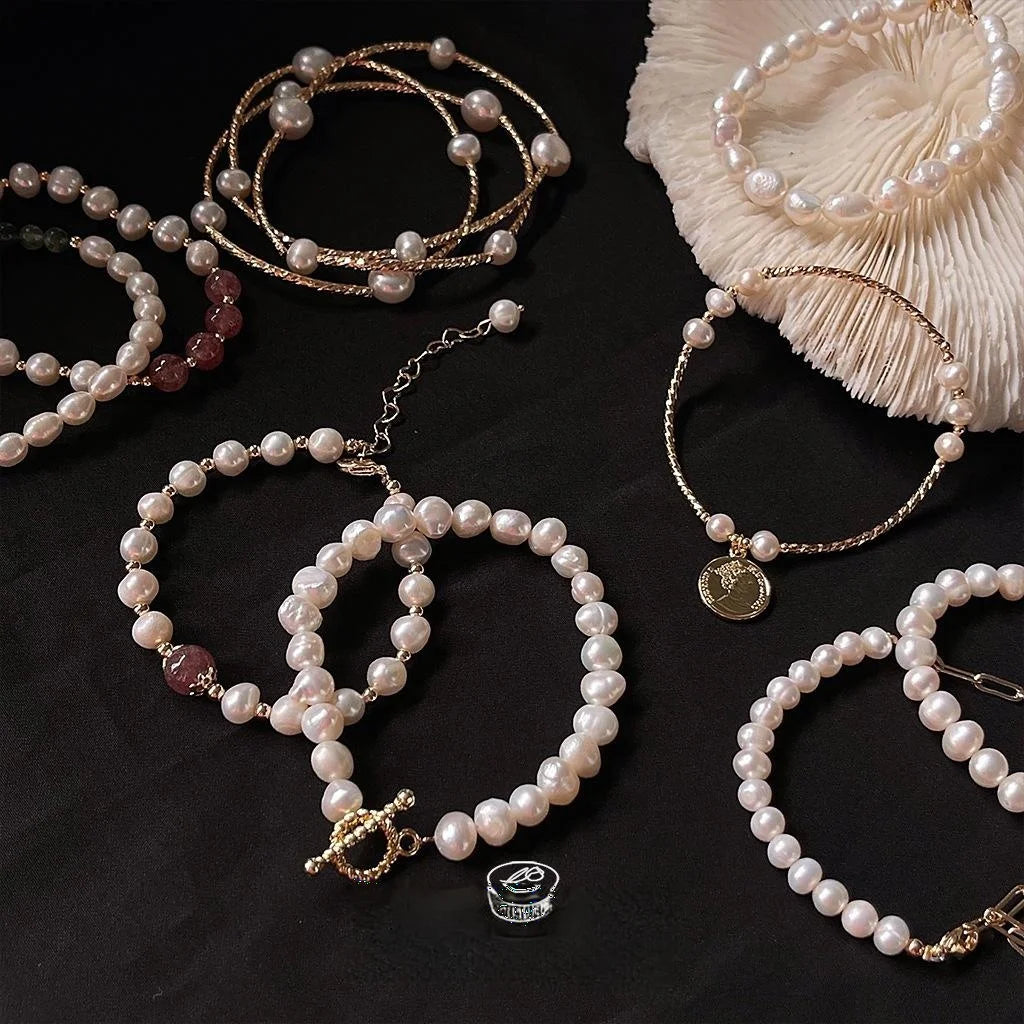 Handmade Freshwater Pearl Bracelet French Vintage Geometric Round Material Jewelry