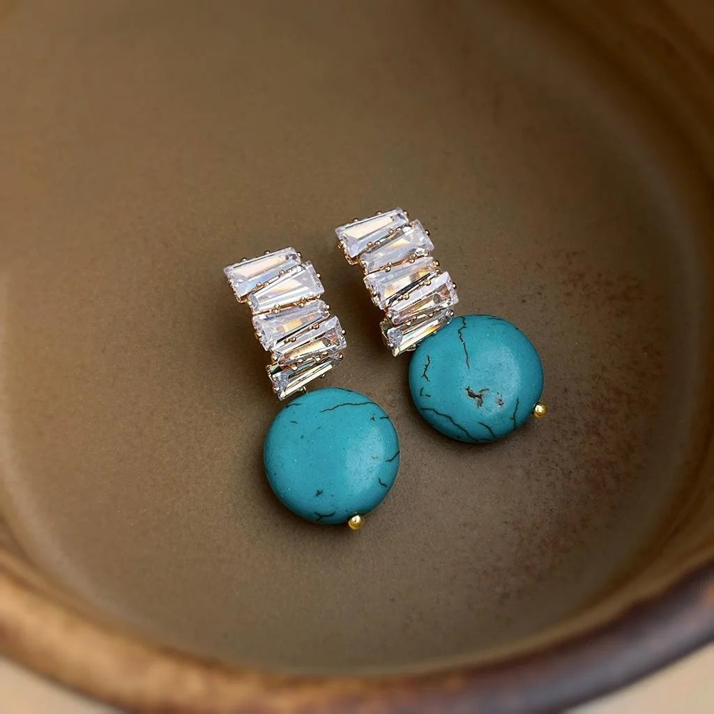 Bohemian Vintage Copper Zircon Synthetic Turquoise Round Geometric Drop Earrings