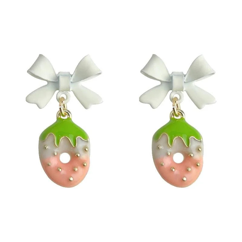 Sweet Strawberry Bow Drop Earrings Copper Summer Cute Jewelry