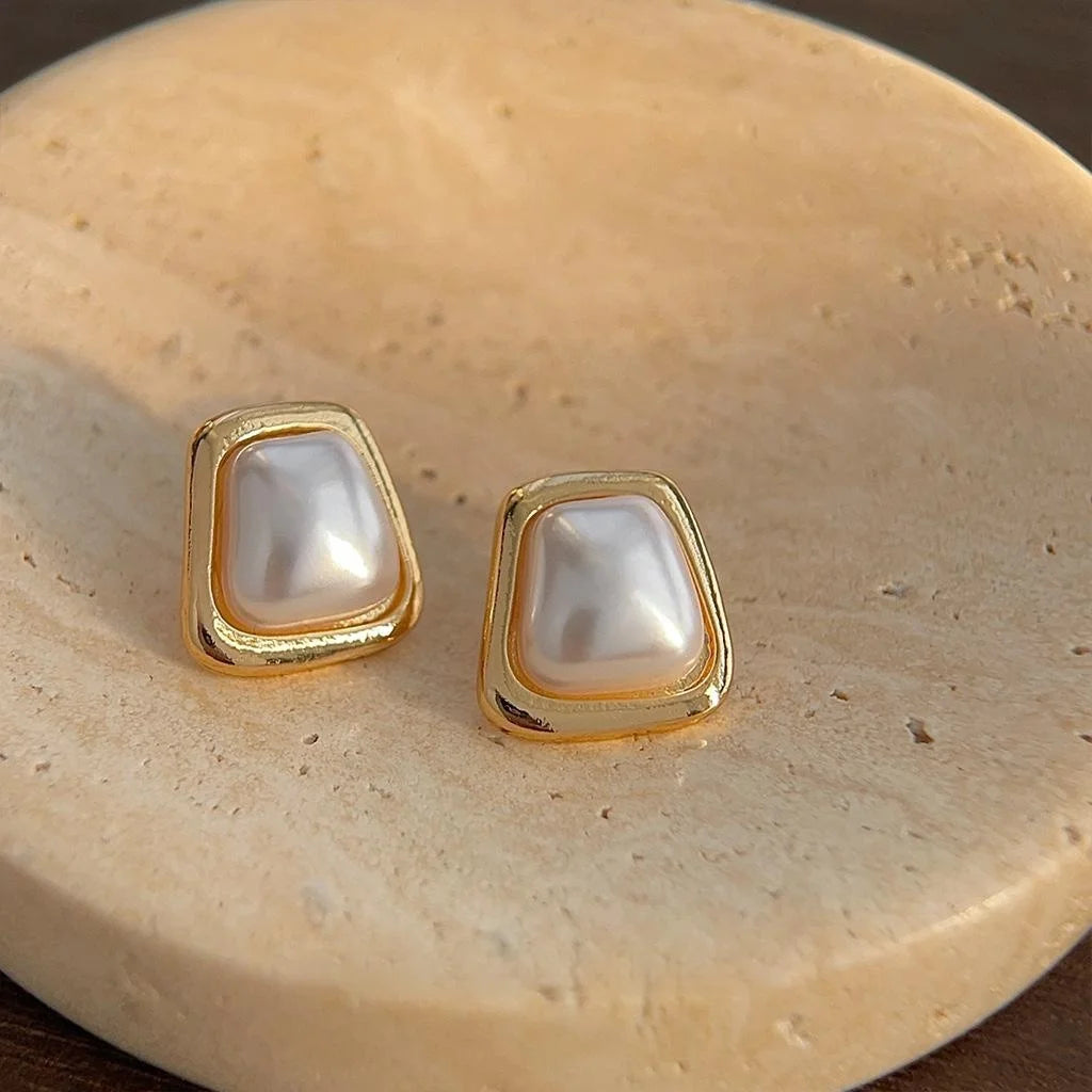 Luxury Geometric Square Pearl Stud Earrings Silver Plated Copper French Minimalist Jewelry
