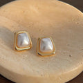 Luxury Geometric Square Pearl Stud Earrings Silver Plated Copper French Minimalist Jewelry