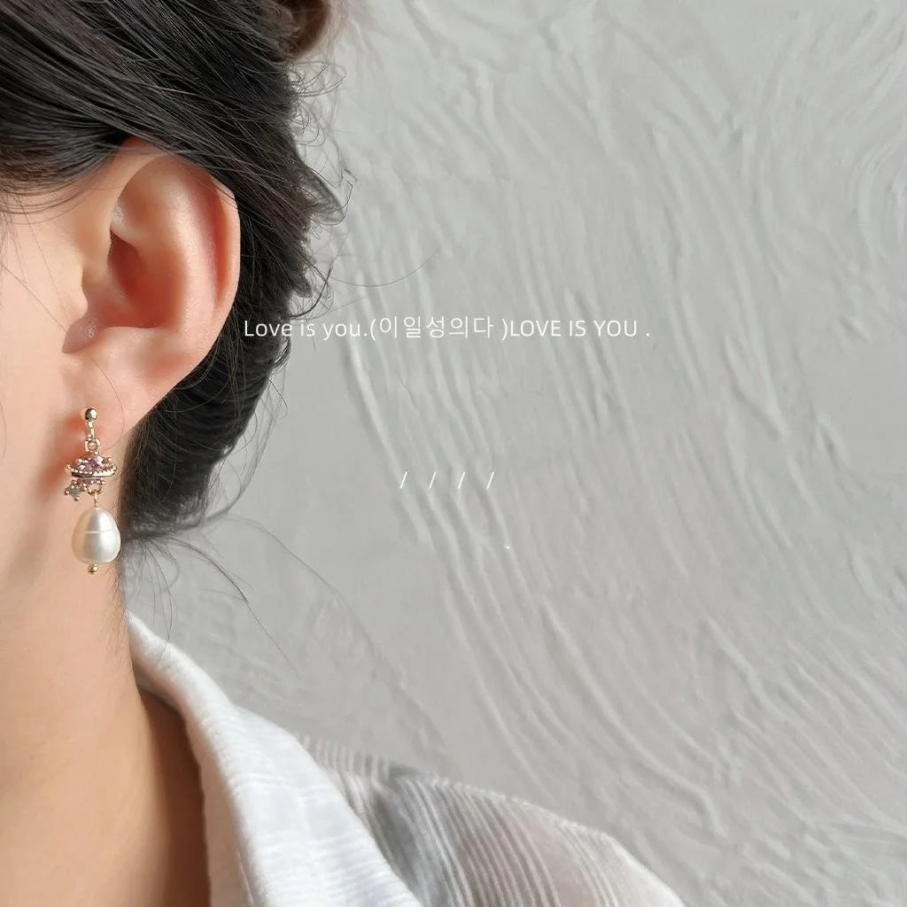 Light Luxury 14K Gold Plated Copper Freshwater Pearl Micro Pave Zircon Geometric Stud Earrings