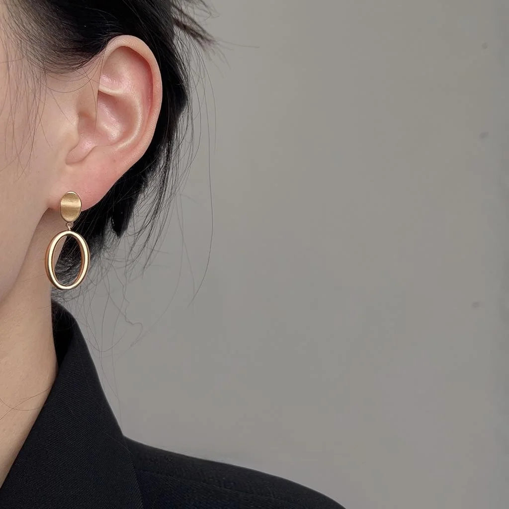 French Elegant Matte Brushed Copper Geometric Hollow Oval Hoop Drop Earrings For Women