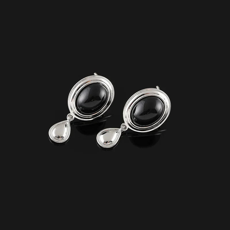 Vintage Oval Black Cabochon Alloy Teardrop Dangle Stud & Clip On No Piercing Women's Earrings