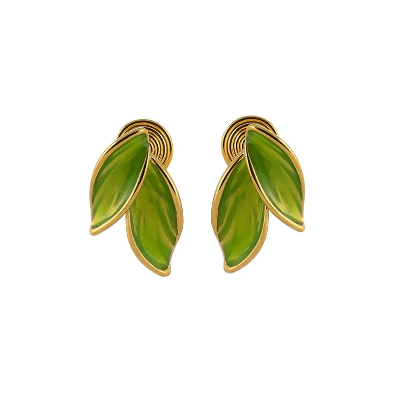 Elegant Green Enamel Leaf Gold Tone Alloy Stud & Clip On No Piercing Chinese Style Women's Earrings