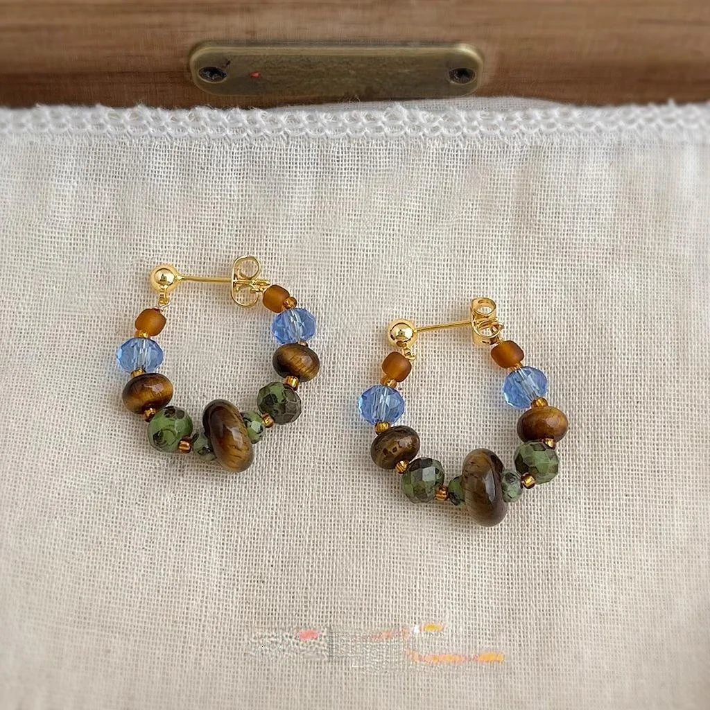 Handmade Vintage Ethnic Tiger Eye Stone Glass Crystal Beaded Geometric Drop Earrings