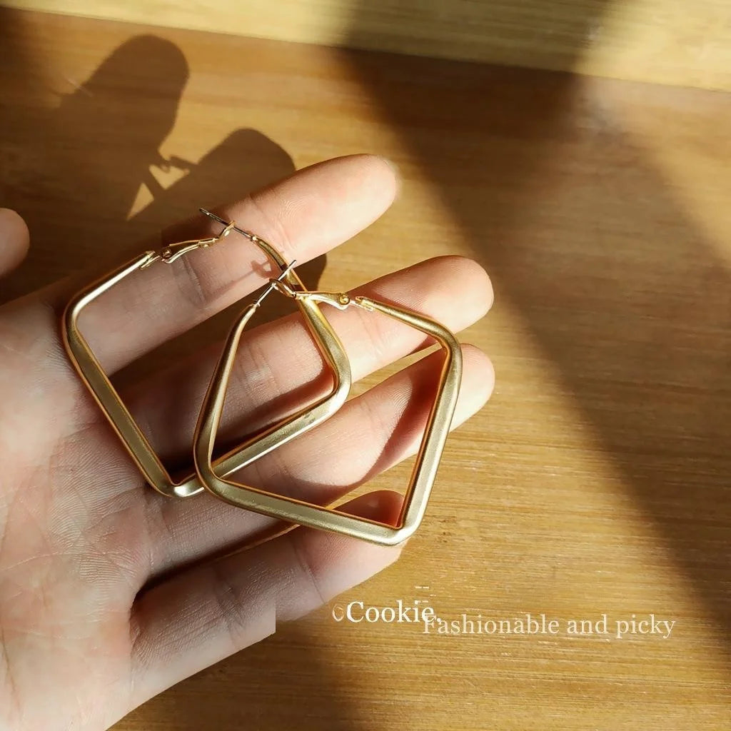 Matte Gold Plated Geometric Square Metal Hoop Earrings For Women Fashion OL Statement Jewelry