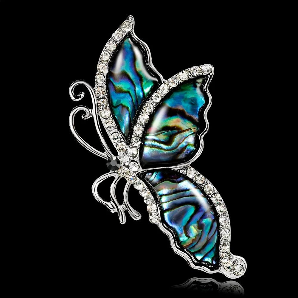 Elegant Abalone Mother Of Pearl Butterfly Brooch With Rhinestone Alloy Lapel Pin Corsage Suit Accessory Gift