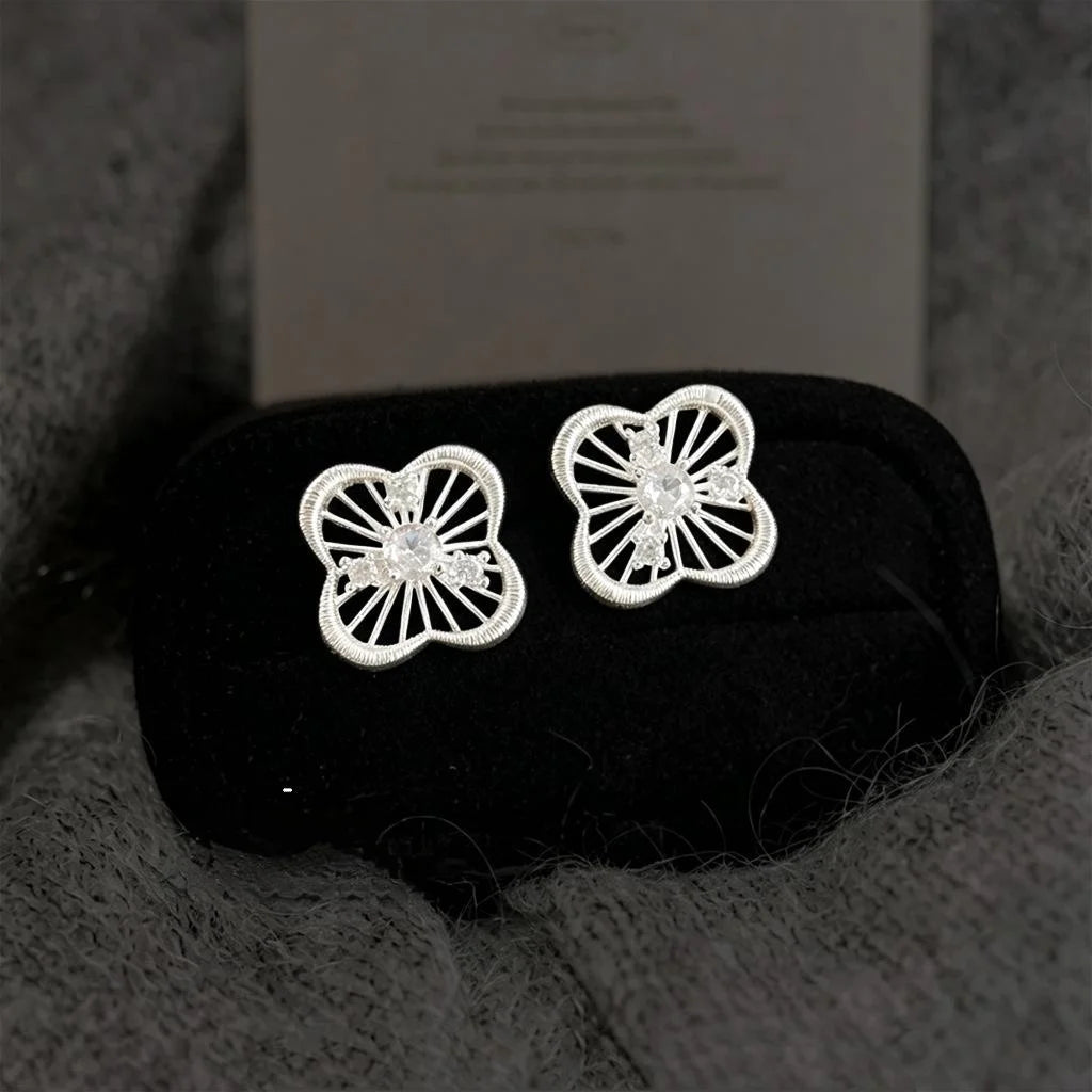 Light Luxury Micro Pave Zircon Copper 3D Hollow Flower Stud Earrings With Silver Plated Pins