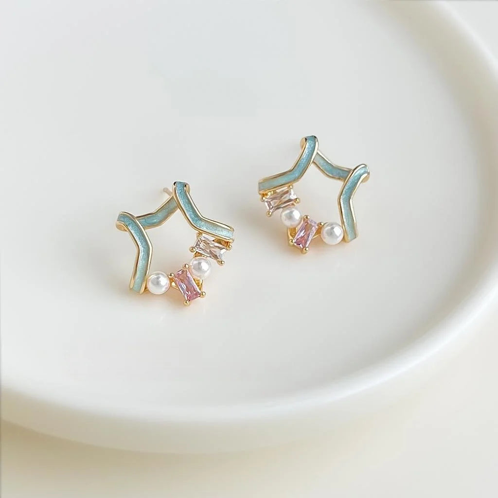 Sweet Girl Style Copper Zirconia Pearl Painted Star Stud Earrings