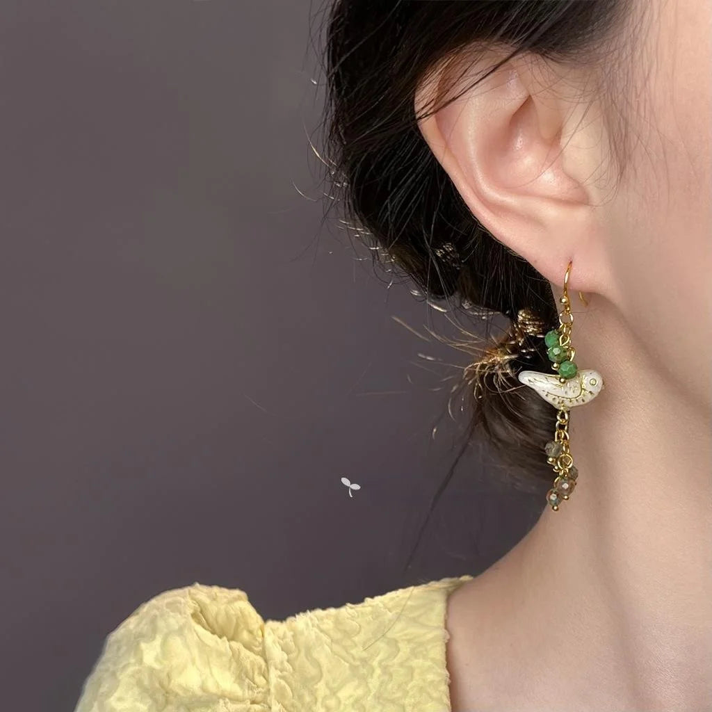 Handmade Glazed Glass Grape Cluster Bird Drop Earrings Forest Sweet Original Design Jewelry