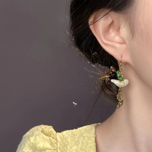 Handmade Glazed Glass Grape Cluster Bird Drop Earrings Forest Sweet Original Design Jewelry