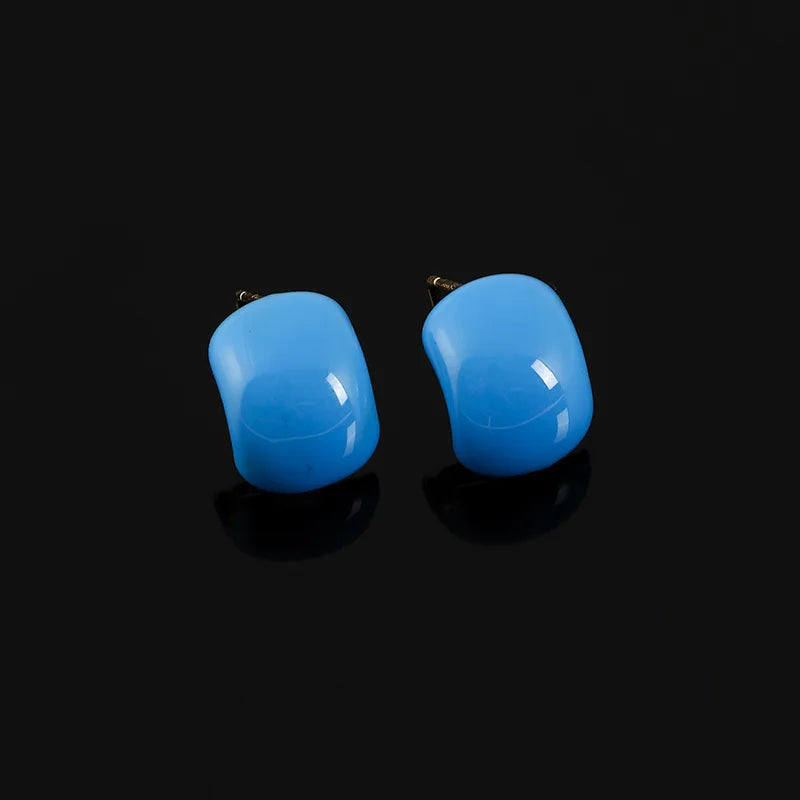 Elegant Klein Blue Enamel Rounded Bean Stud & Clip On No Piercing Women's Fashion Earrings