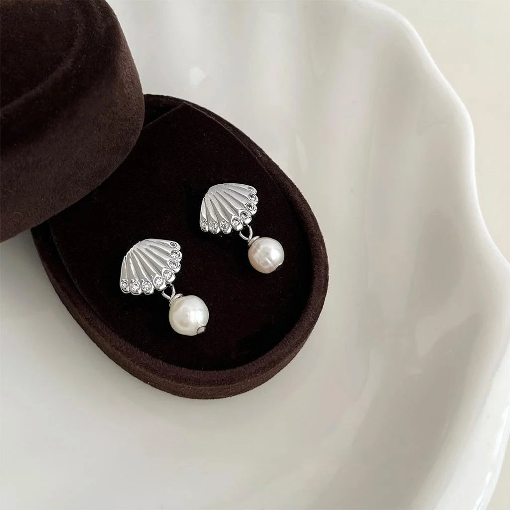 2025 New Style Geometric Shell Freshwater Pearl Zircon Copper Drop Earrings With Silver Plated Pins