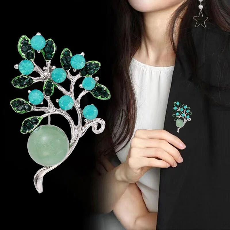 Elegant Tree Leaf Brooch With Turquoise Rhinestones And Faux Pearl, Women's Lapel Pin Suit Accessory Gift