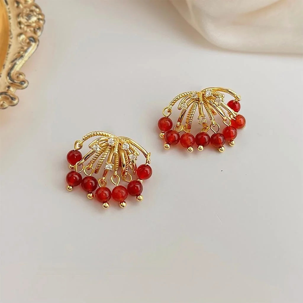 Old Money Style Copper Red Agate Zircon Micro Pave Round Geometric Drop Earrings
