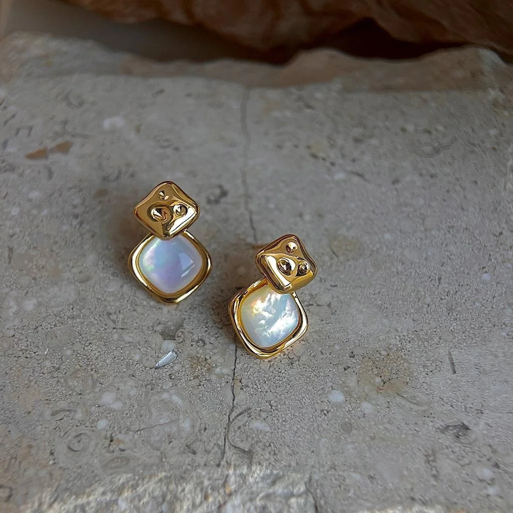 French Vintage Genuine Shell Geometric Square Copper Stud Earrings For Women