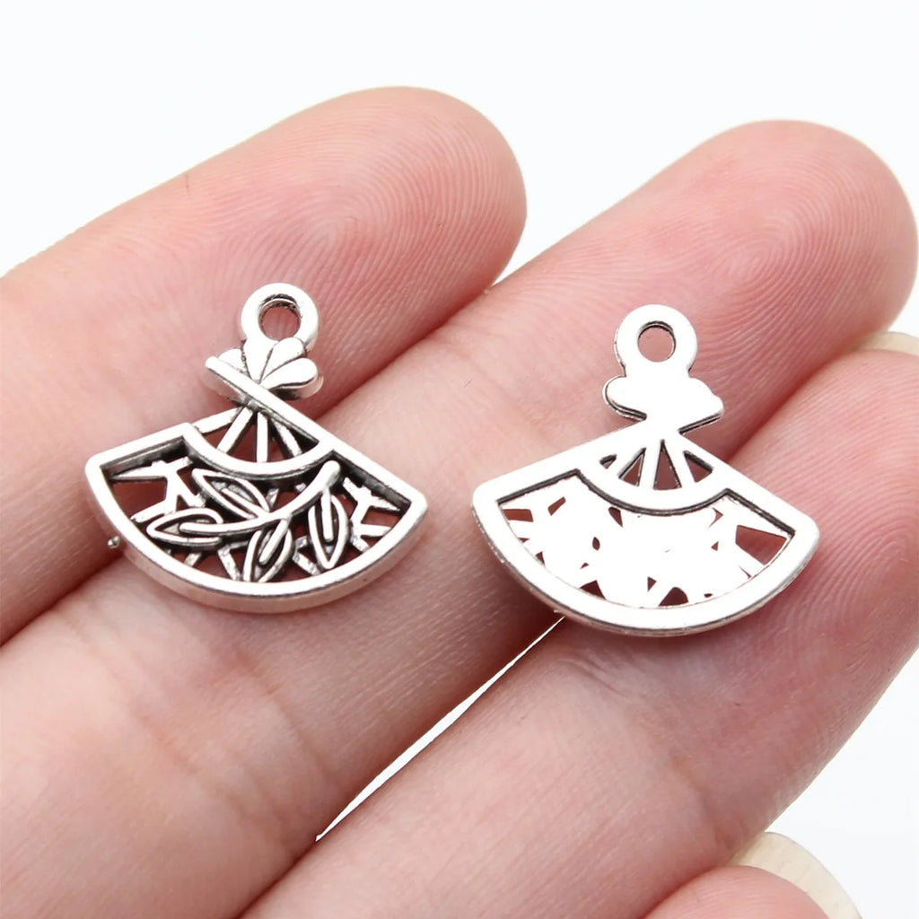 18x17mm 1.4g Antique Silver Zinc Alloy Bamboo Painted Fan Charm Pendant for DIY Necklace Jewelry Making