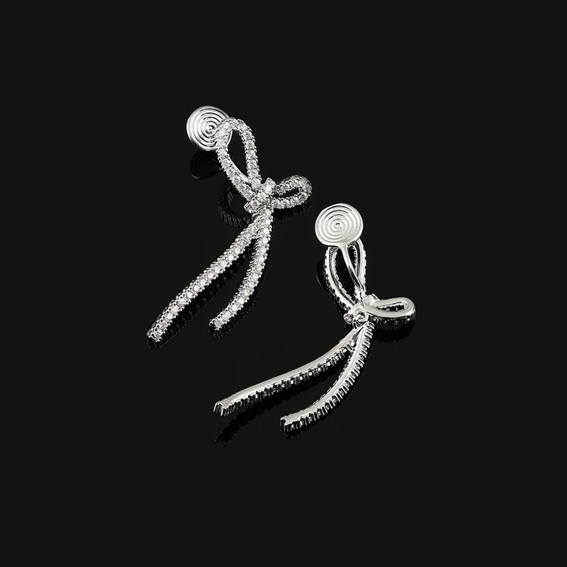 Elegant Zircon Bowknot Long Tassel Stud & Clip On No Piercing Spiral Back Statement Earrings