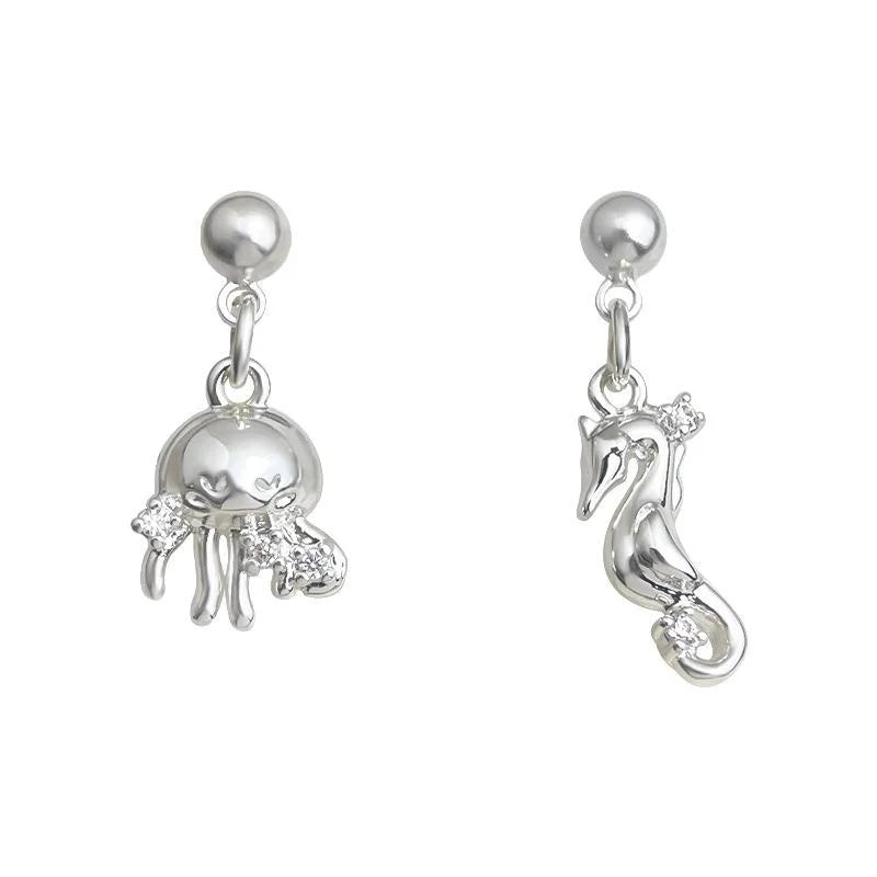 Cute Copper Seahorse Jellyfish Drop Earrings, Style Minimalist Ocean Animal Jewelry