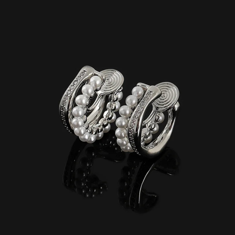 Elegant Pearl Beaded Zircon Hoop Stud & Clip On No Piercing Silver Alloy C-Shaped Huggie Earrings