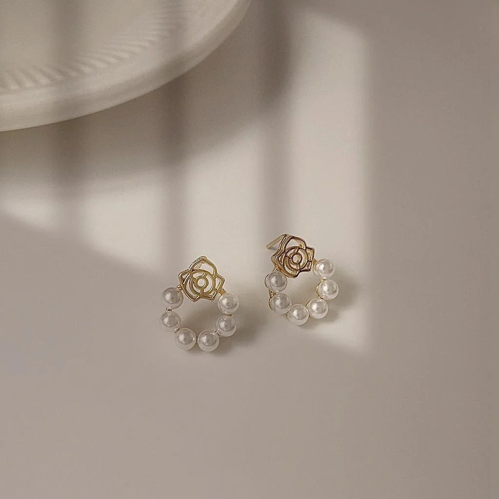 14K Gold Plated Copper 3D Hollow Rose Pearl Stud Earrings For Women Japanese Korean Style