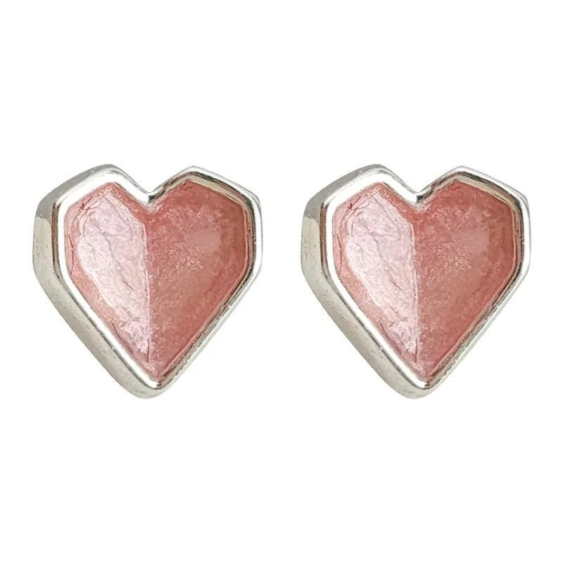 Mini Pink Enamel Heart Stud Earrings Silver Plated Copper Sweet Minimalist Jewelry