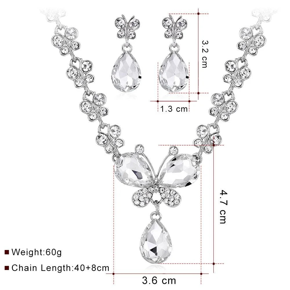 Bridal Rhinestone Butterfly Flower Necklace And Earrings Jewelry Set, Crystal Alloy Wedding Party Jewelry