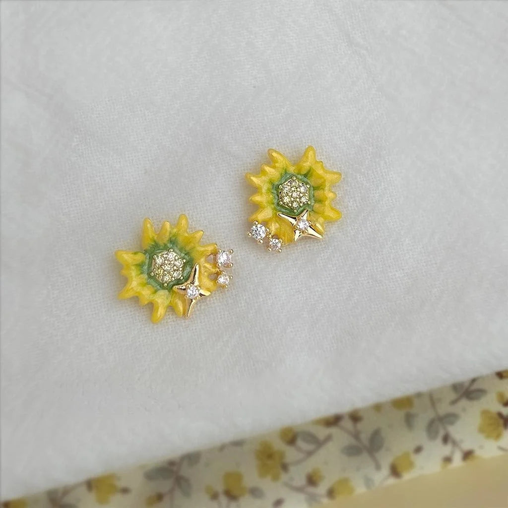 Luxury 14K Gold Plated Copper Zircon Enamel Sunflower Stud Earrings
