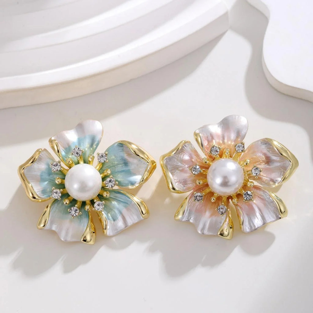 Elegant Gold Tone Flower Brooch With Mother Of Pearl Petals, Faux Pearl And Rhinestone Lapel Pin Gift