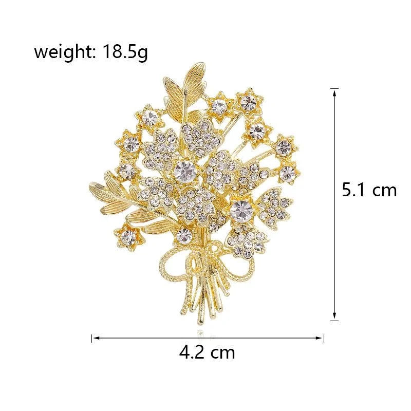 Elegant Rhinestone Floral Bouquet Brooch Gold Alloy Flower Branch Lapel Pin Corsage Suit Accessory Gift