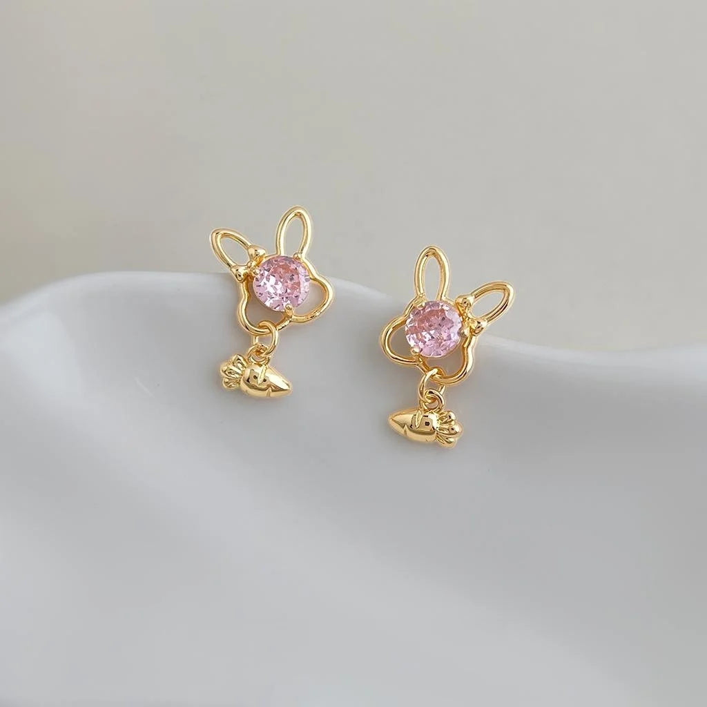 Sweet Pink Bunny Carrot Micro Pave Zircon Copper Drop Earrings For Women