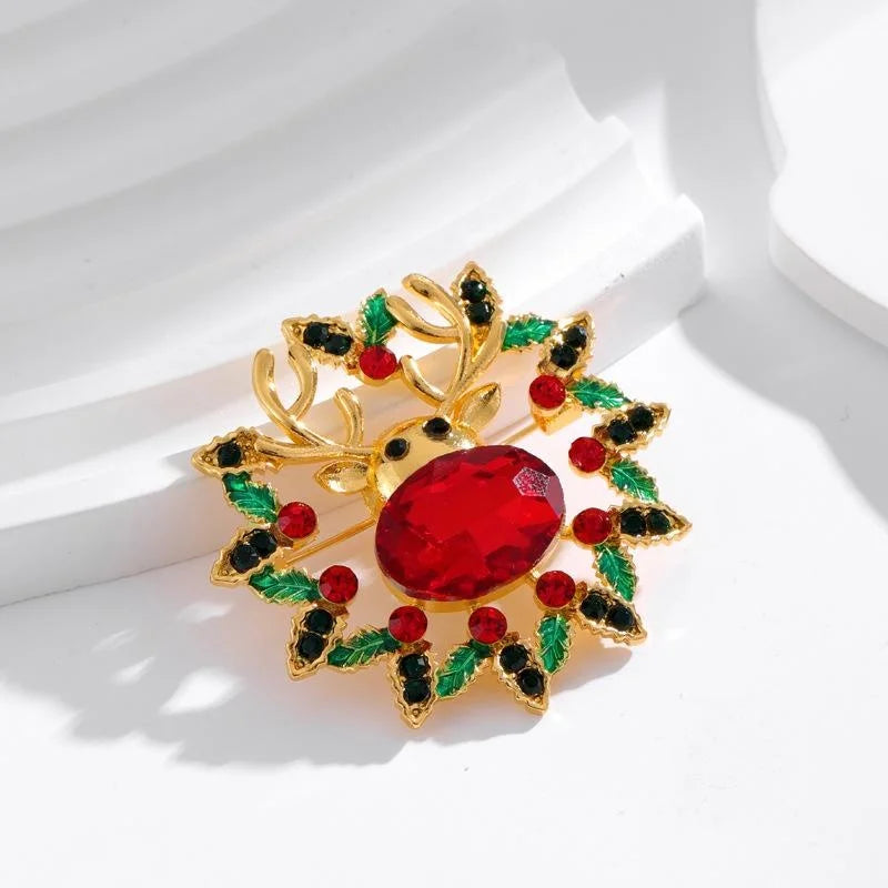 Elegant Christmas Reindeer Head Wreath Brooch With Enamel Holly And Rhinestones, Festive Lapel Pin Gift