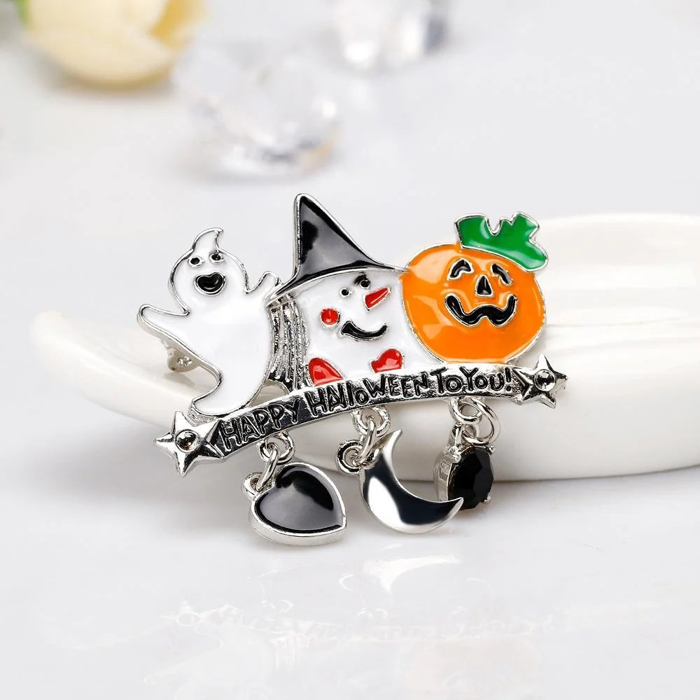 Cute Halloween Ghost Pumpkin Witch Enamel Alloy Brooch With Dangling Charms, Festive Lapel Pin Gift