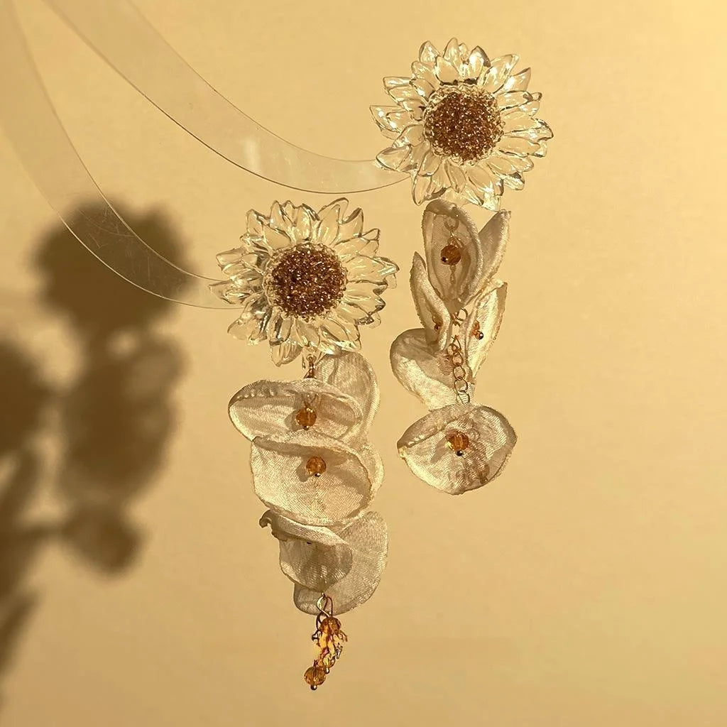 Fairy Style Sunflower Mesh Lace Long Tassel Drop Earrings For Vacation Wear