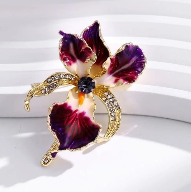 Elegant Purple Iris Enamel Alloy Brooch With Rhinestone Accents, Luxury Women's Lapel Pin Corsage Suit Accessory Gift
