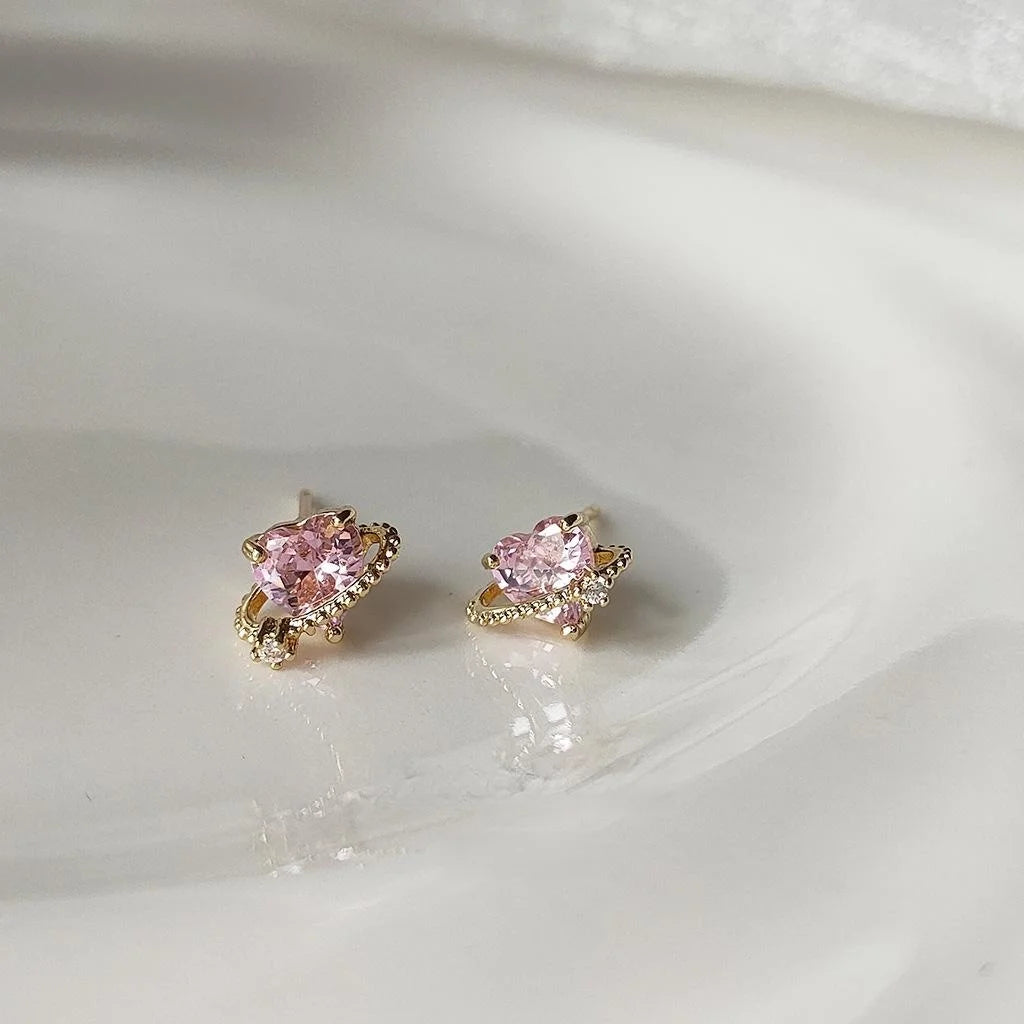 14K Plated Copper Heart Stud Earrings With Micro Pave Zircon, Sweet Minimalist Jewelry
