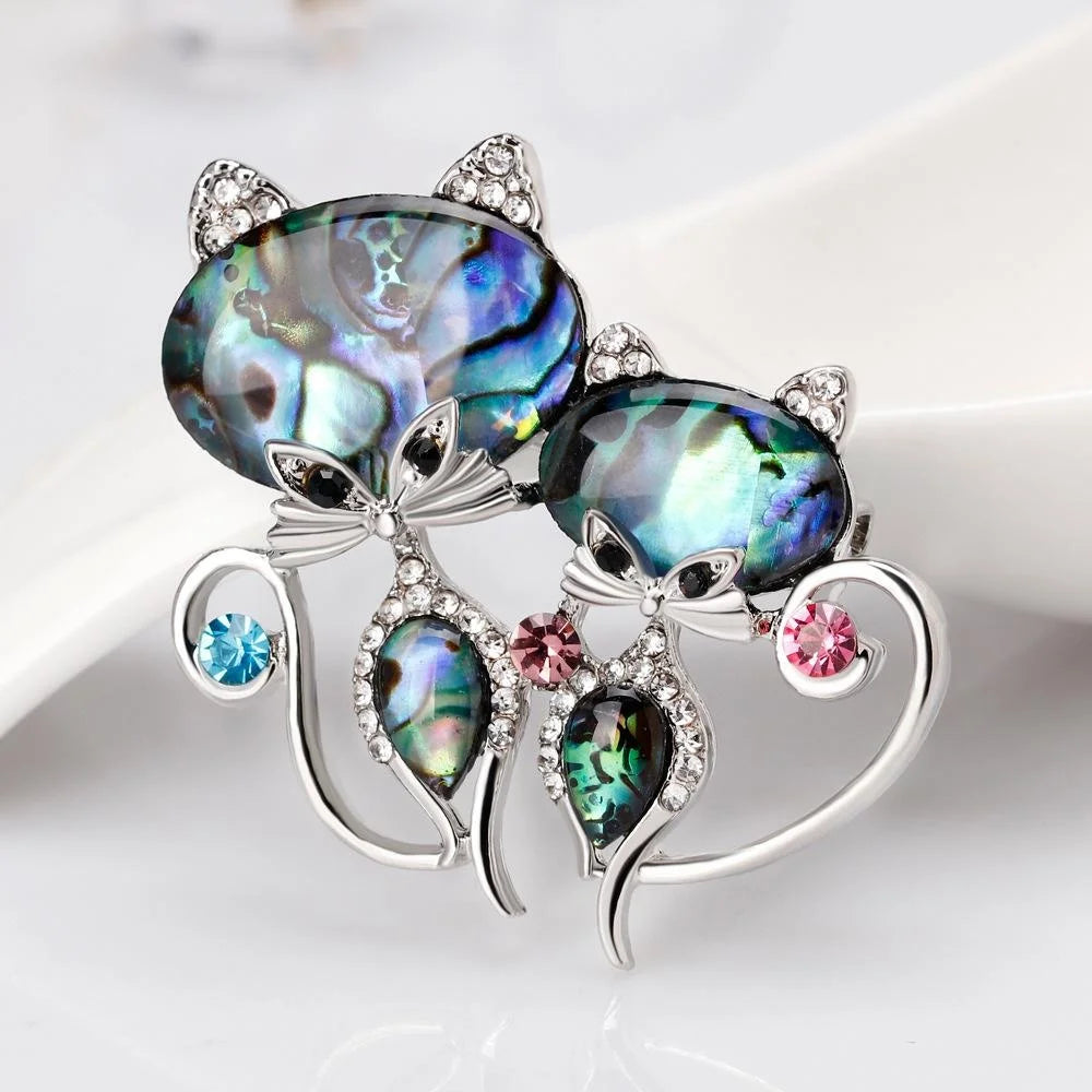 Cute Mother Of Pearl Cat Brooch With Rhinestone Zircon Accents, Elegant Women's Lapel Pin Suit Gift
