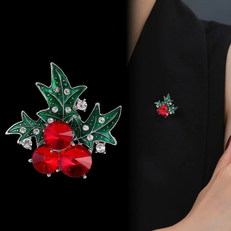 Elegant Christmas Red Cherry Brooch With Green Enamel Holly Leaves Rhinestone Lapel Pin Suit Gift