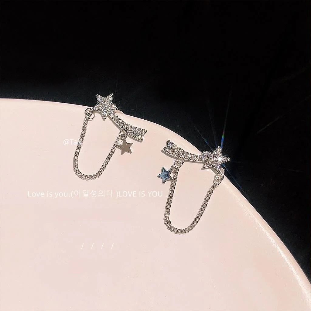 Sweet Cool Star Chain Micro Pave Zircon Copper Stud Earrings With Silver Plated Posts